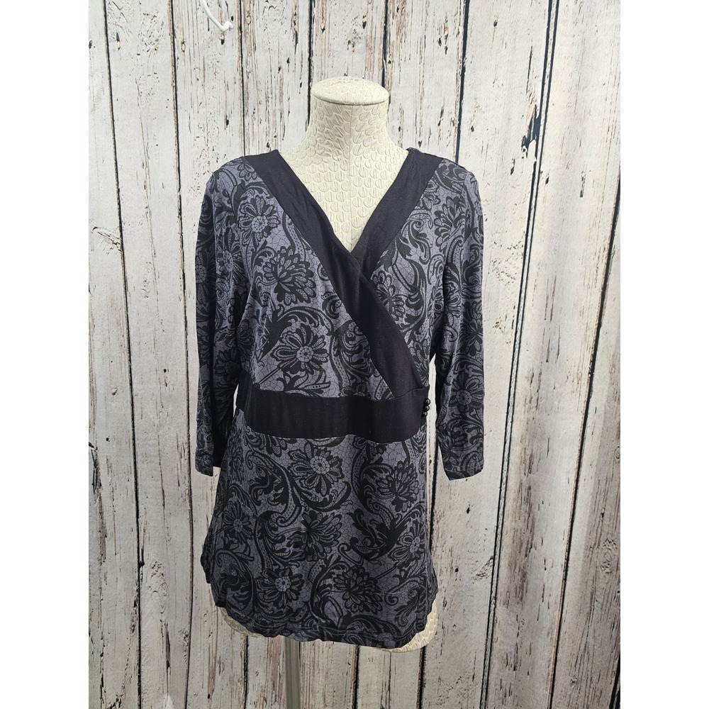 NEW C&B L Black Gray Paisley Wrap Blouse Top Rayon Spandex Stretch Long Sleeve